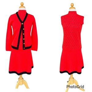 VTG St. John Knits 3-Piece Skirt Suit 60s 70s Red Black Dots Mock Neck Talon Zip